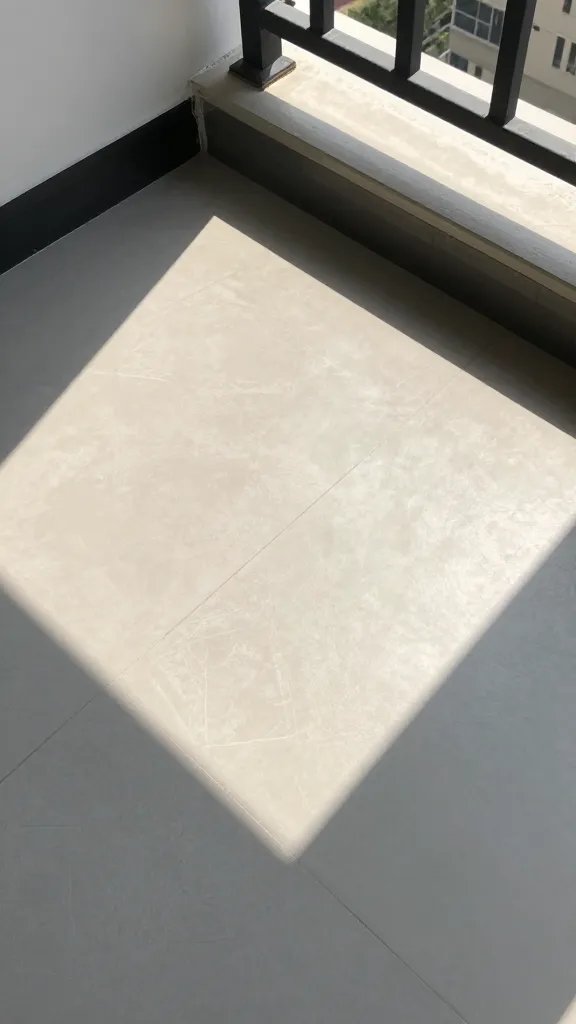 tape-marked balcony floor square, sharp shadow edge