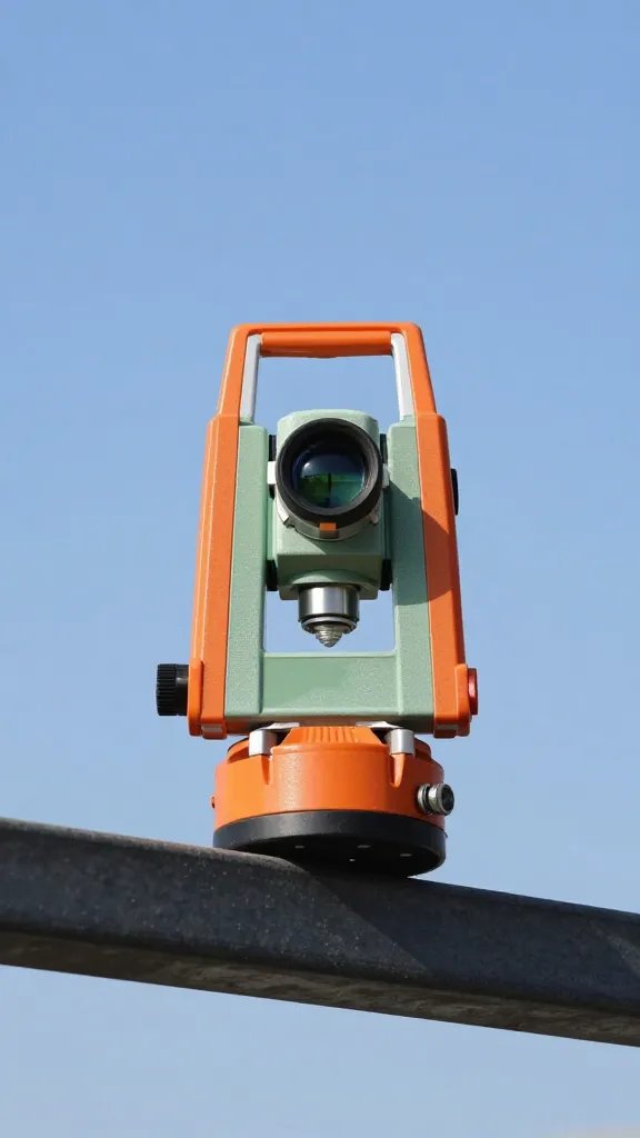 bubble level clinometer against railing, clear sky