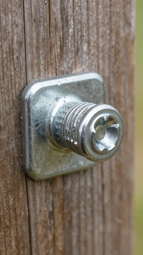 galvanized eye bolt anchored in treated post, closeup
