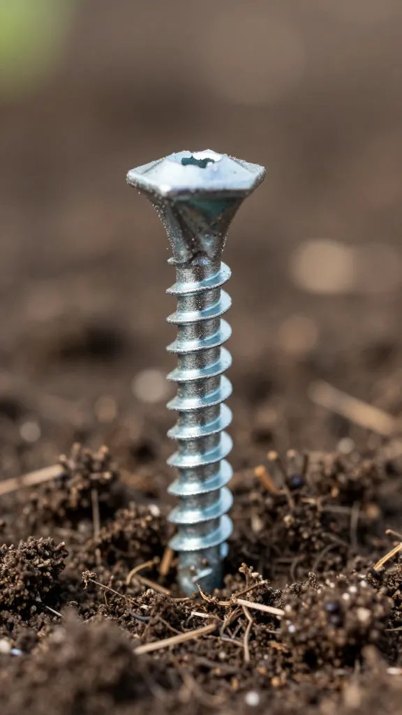 screw-in ground anchor helix in garden soil, closeup