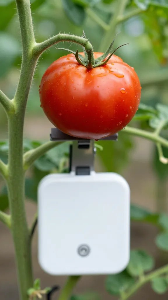 tomato truss weight scale clip on vine, closeup