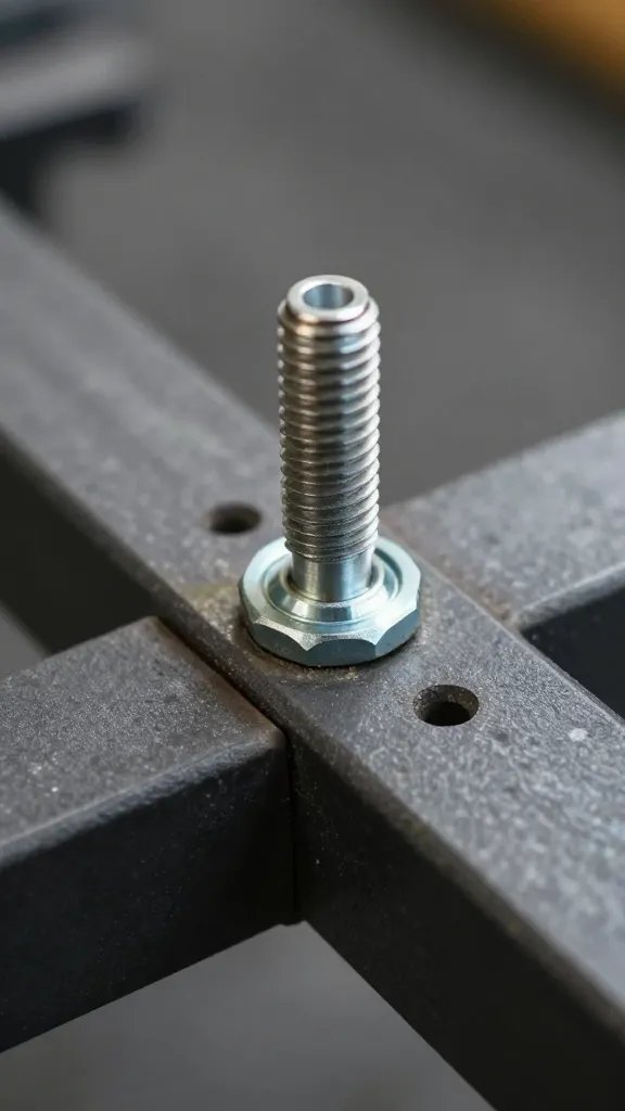 lag bolt with washer securing crossbeam, closeup