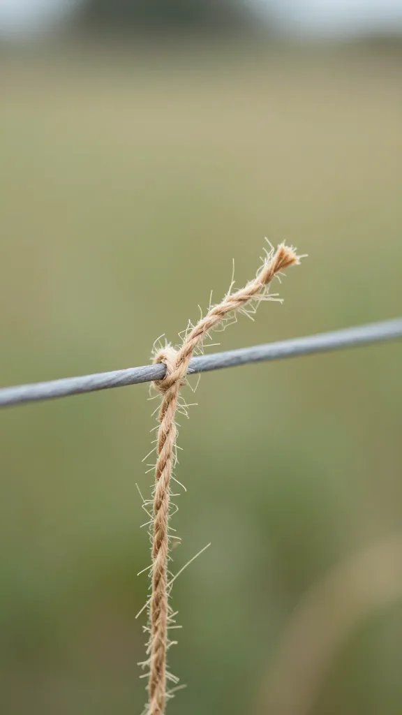 wind-blown twine fray on trellis line, macro