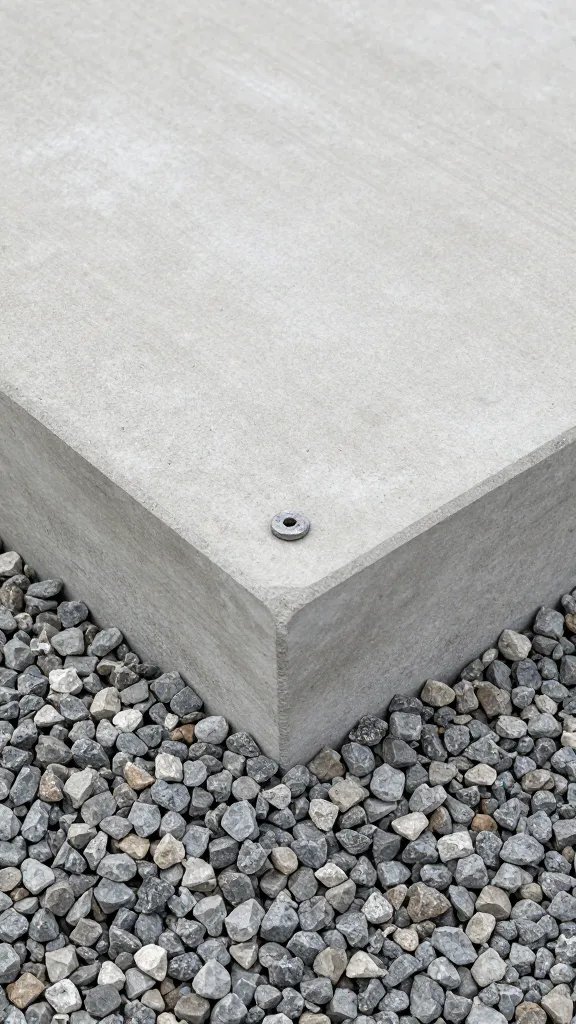 post base in concrete footing with gravel, closeup