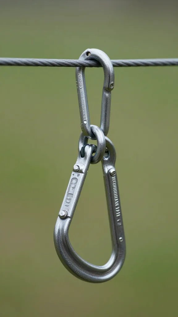 carabiner clipped to trellis header wire, macro