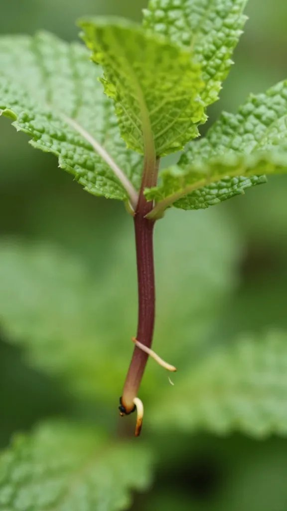 closeup of mint stolon rooting at a node