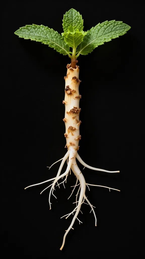 mint rhizome segment with fine feeder roots