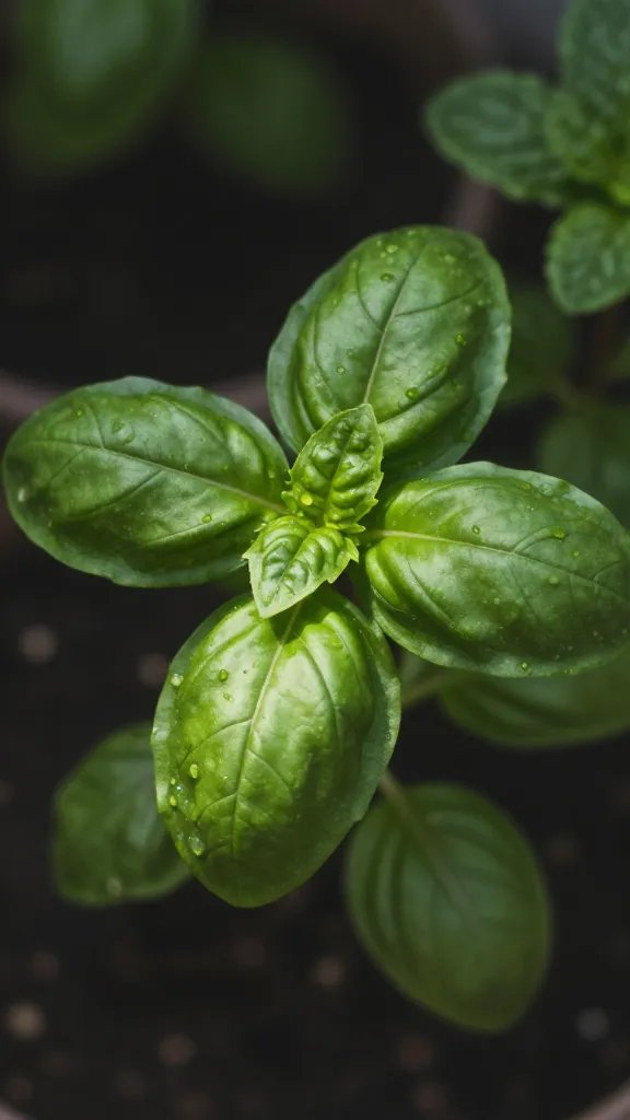 solitary basil seedling shaded by mint leaf