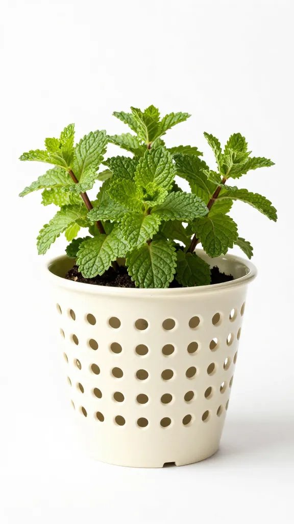 single perforated nursery pot isolating mint crown