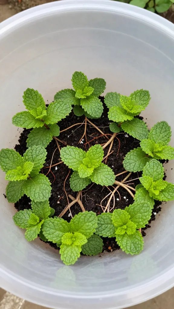 mint roots circling inside buried plastic pot