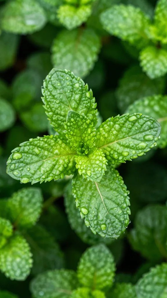 closeup of mint leaves beading moisture after watering