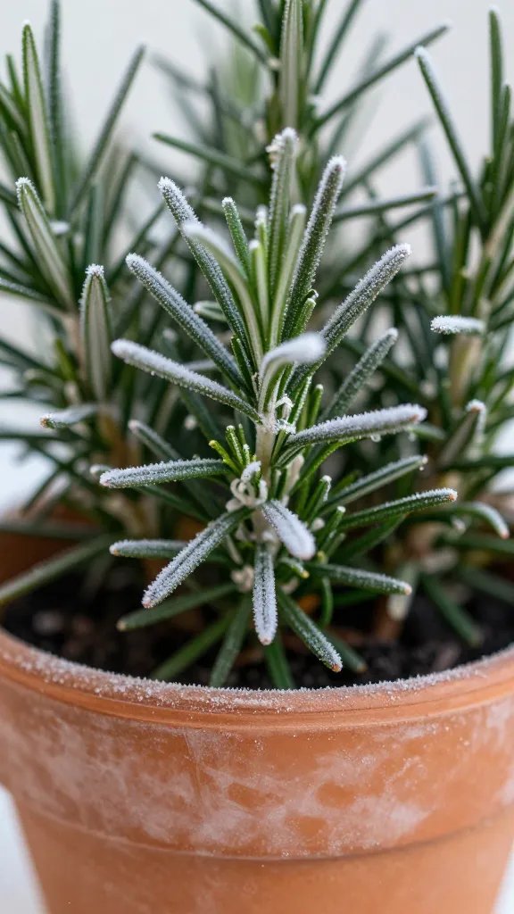 frost-dusted rosemary in terracotta pot, macro closeup