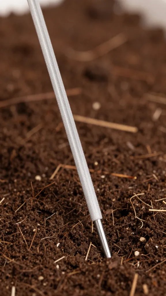 moisture meter probe in potting soil, closeup