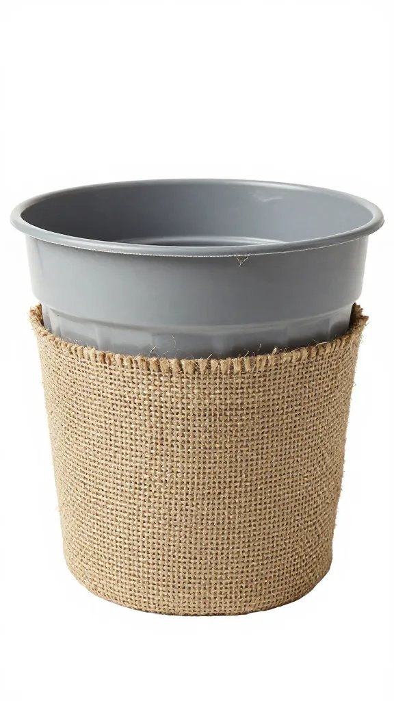plastic nursery pot wrapped in burlap, tight shot