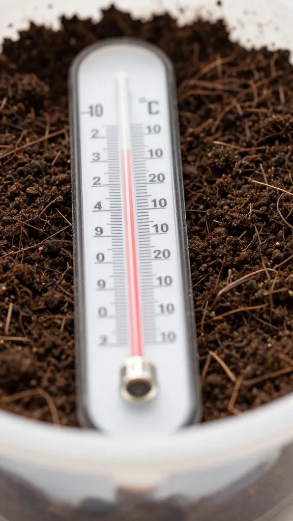 thermometer reading 10°F beside container soil, closeup
