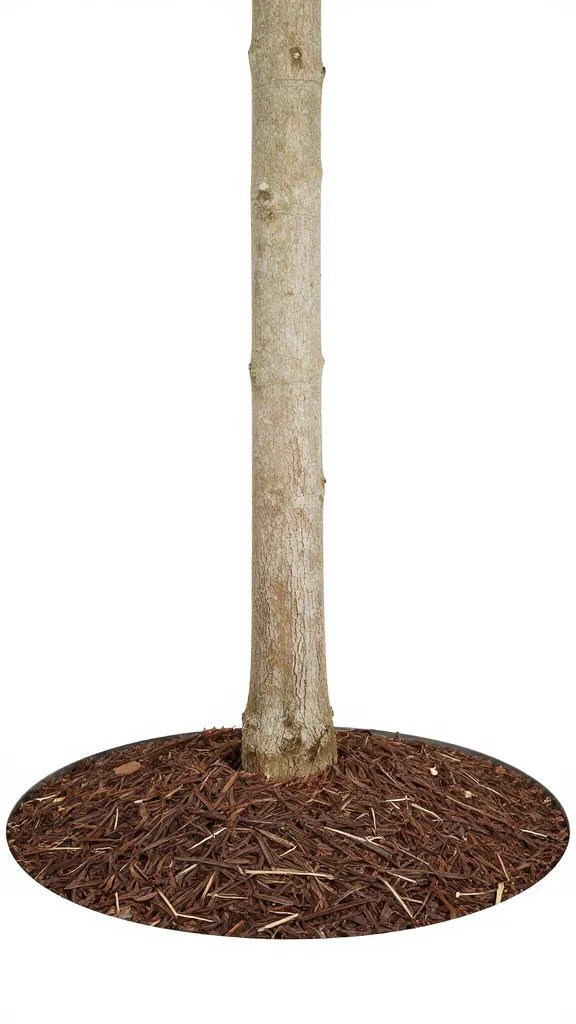single potted fig tree trunk base, insulated with mulch