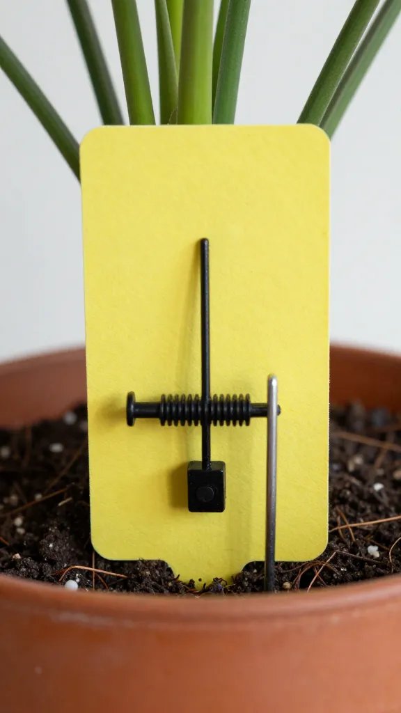 sticky yellow pest trap card in houseplant pot, macro