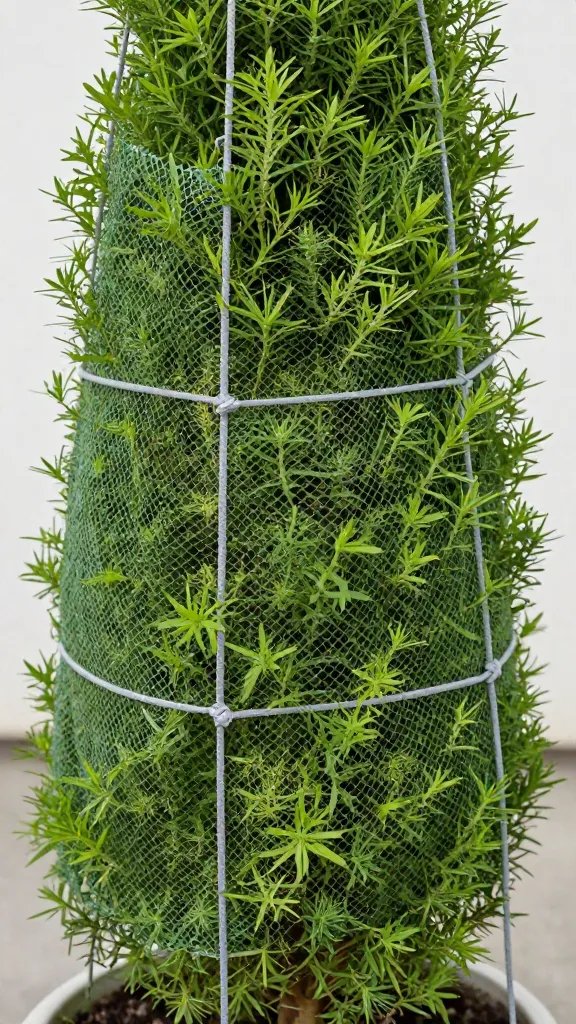 breathable plant cover tied around container shrub, closeup