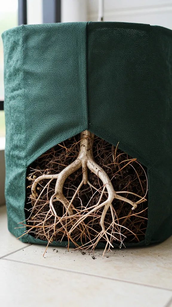 root ball in fabric grow bag on balcony floor, detail