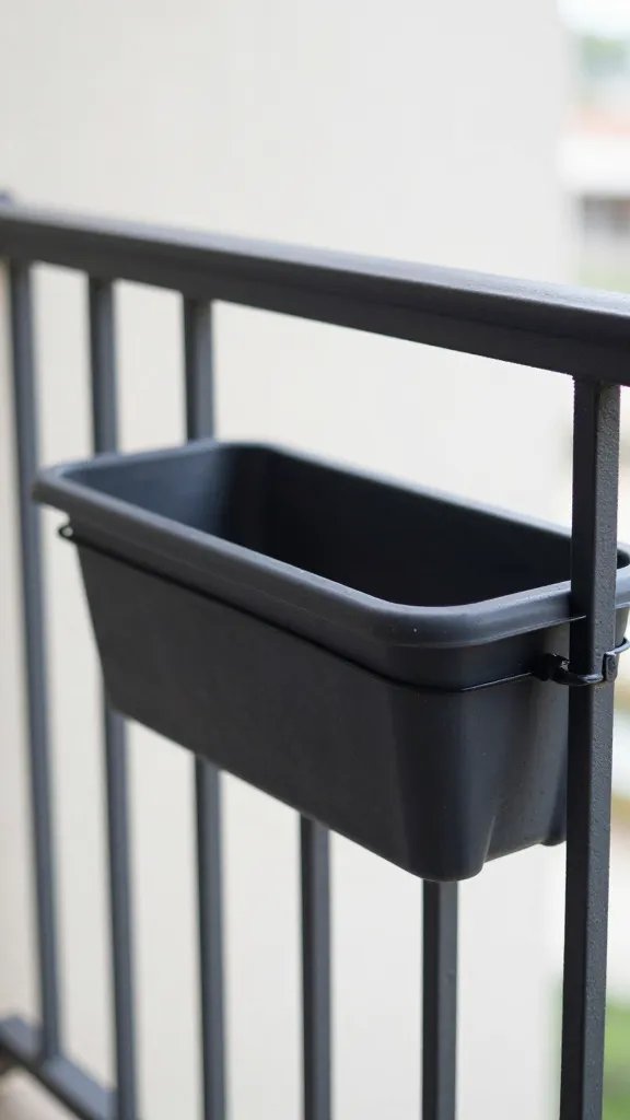 wind-exposed balcony railing with secured single planter, close focus