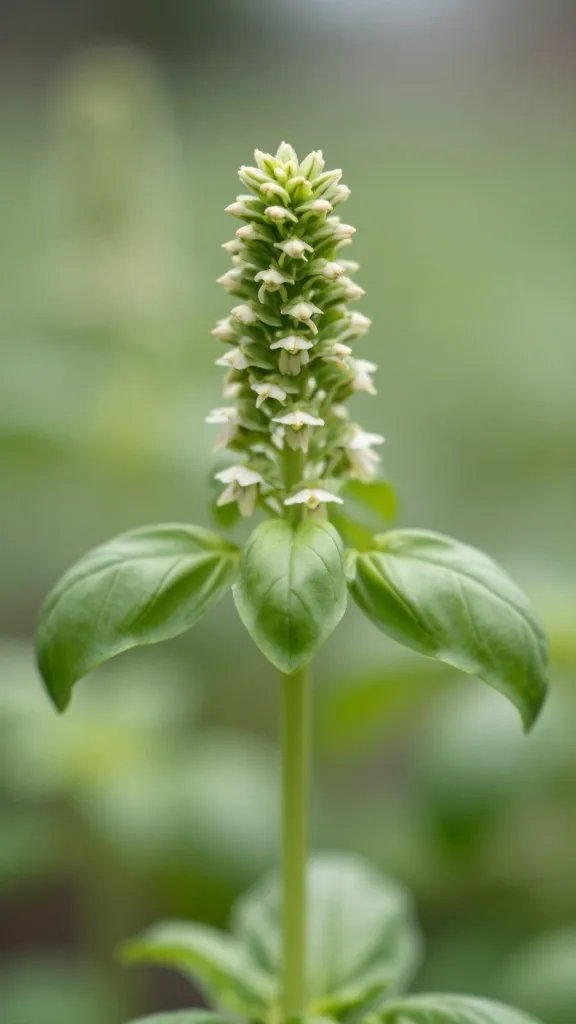 closeup of basil flower spike on single stem, soft bokeh