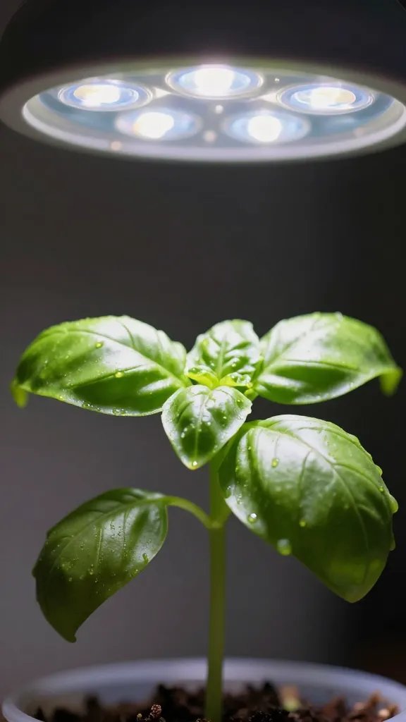 single basil seedling under LED grow light, macro detail