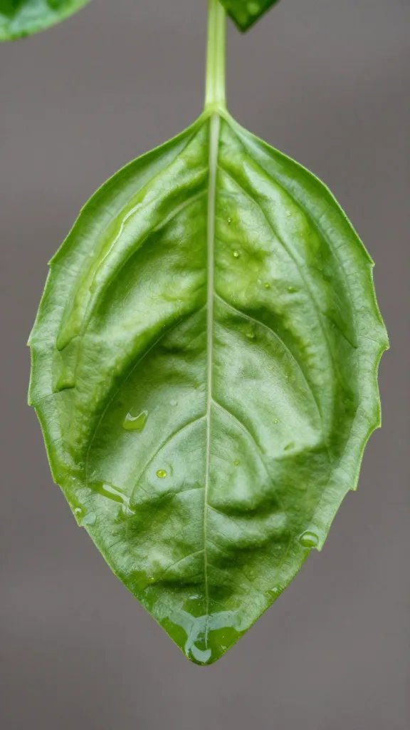 single basil leaf turning bitter and small, macro texture