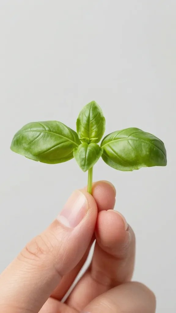 basil apical tip being pinched by fingers, shallow depth