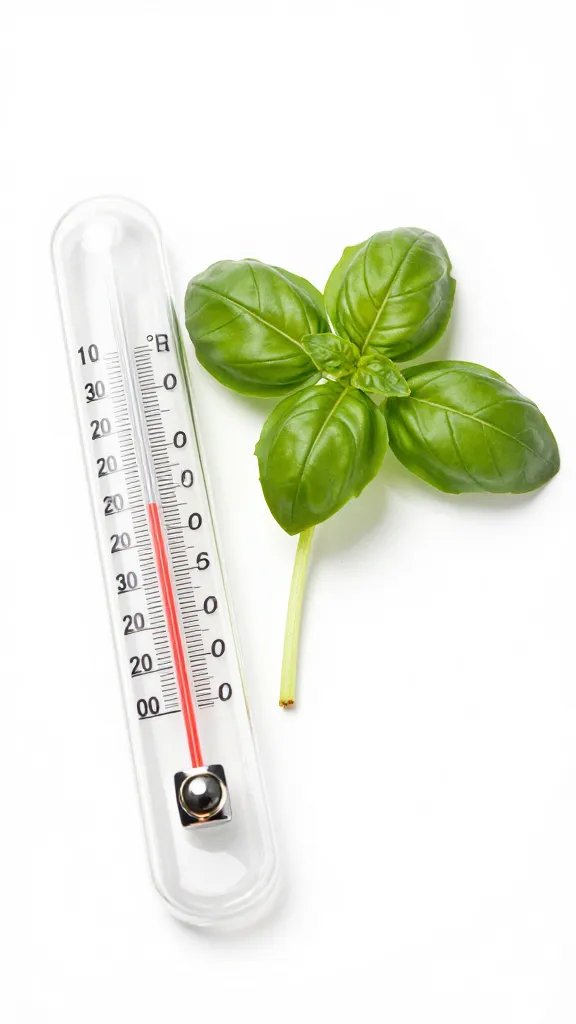 thermometer reading 95°F beside lone basil stem, macro