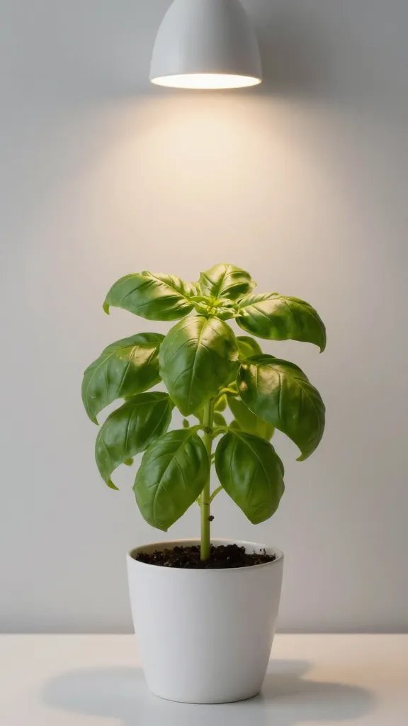single basil plant under 16-hour timer light, minimalist setup