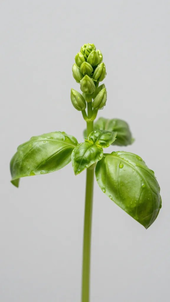 solitary basil stem with unopened flower buds, dewy macro