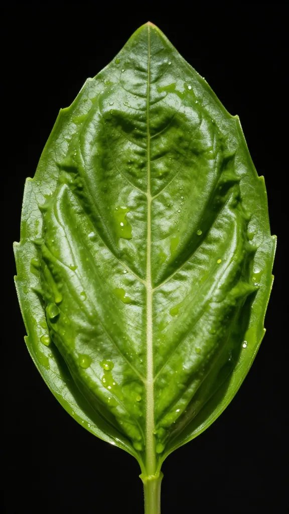 mature basil leaf with glossy surface, controlled backlight