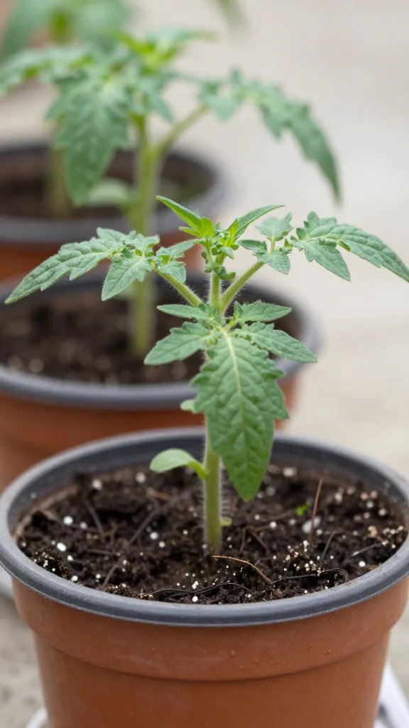 closeup of 20-gallon nursery pot with young tomato