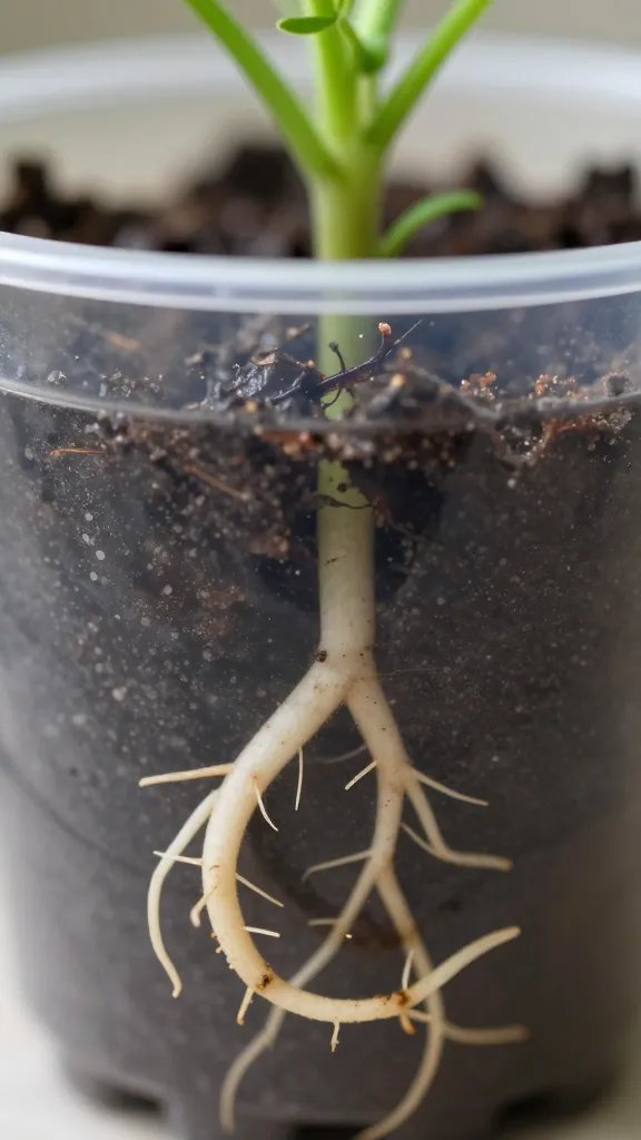 macro of tomato roots circling in undersized plastic pot