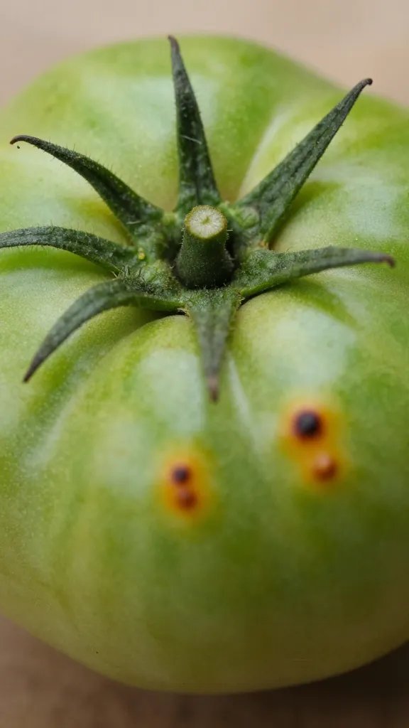 closeup of blossom end rot on single green tomato