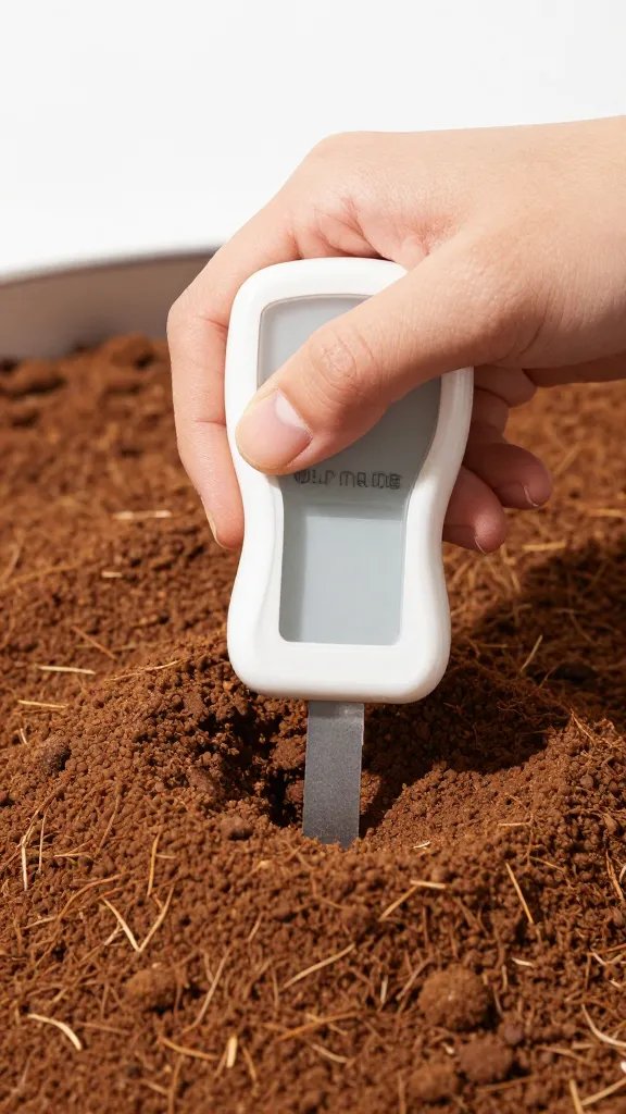 hand pressing moisture meter into tomato potting mix