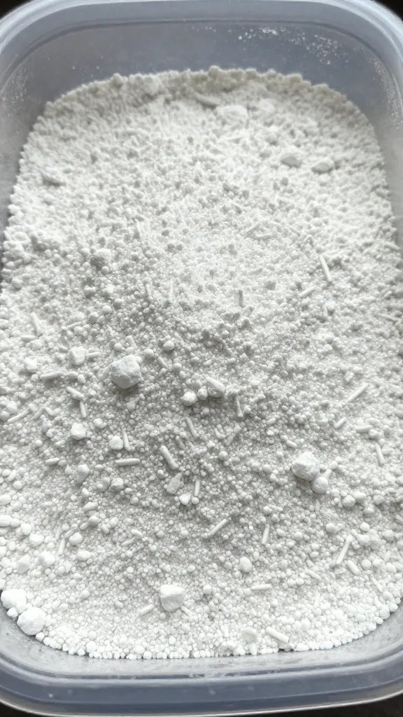 granular gypsum sprinkled on tomato container surface