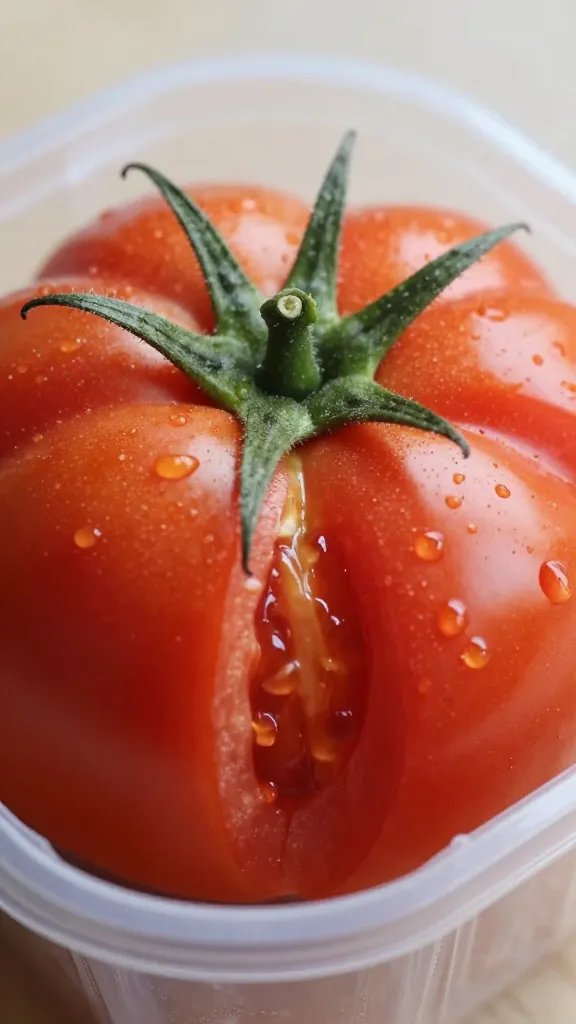 macro of split ripe tomato on vine in container