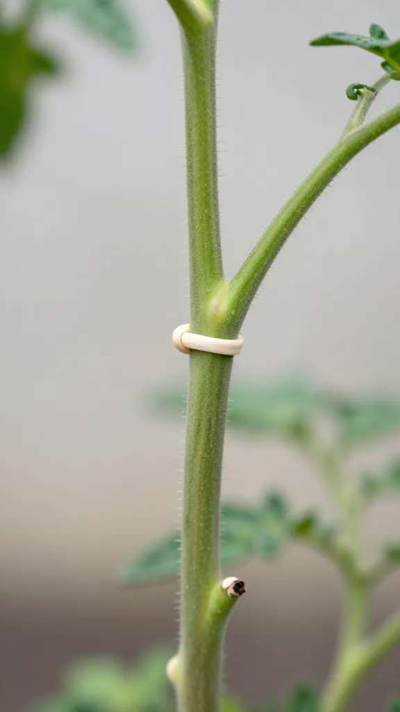 single sturdy tomato stake tied to main stem closeup