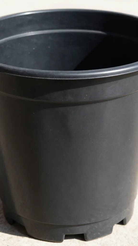 closeup black plastic pot in midday sun, heat shimmer