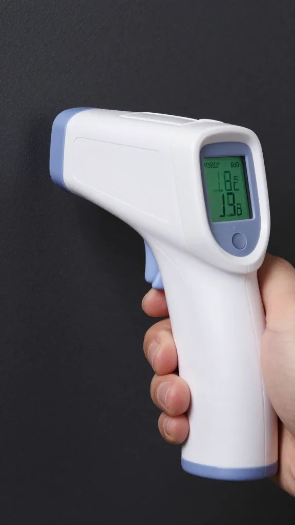 infrared thermometer on dark pot wall, macro reading