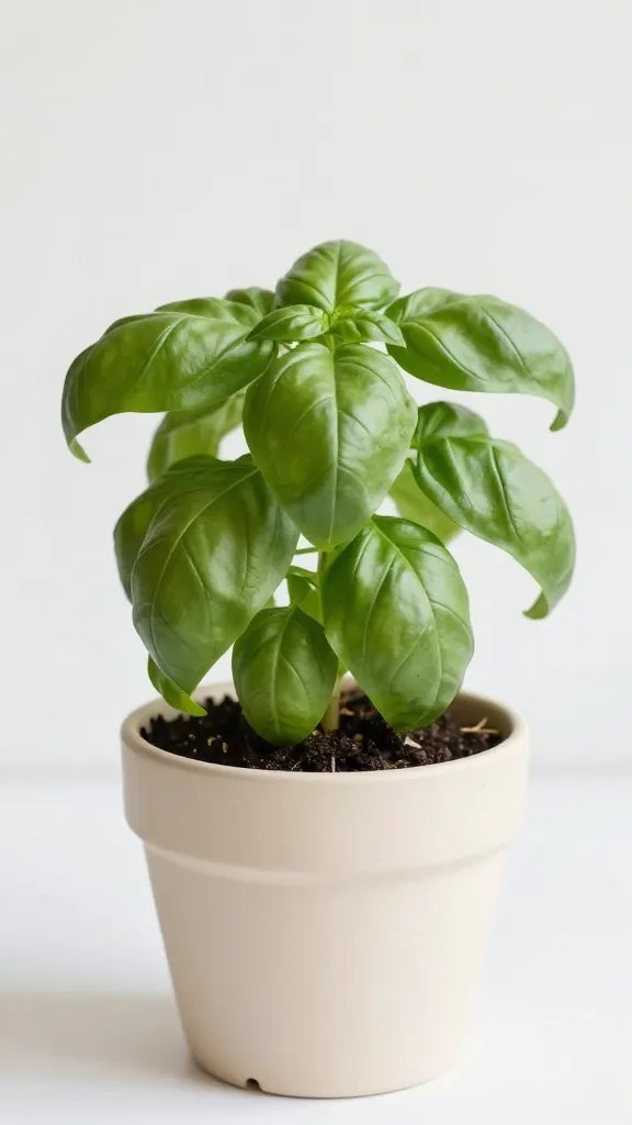 basil plant in cream pot, perky leaves morning light