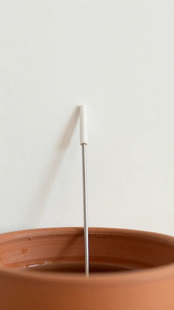 moisture meter inserted near pot wall, closeup reading