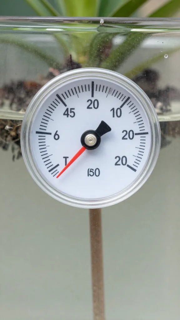 Clear reservoir gauge on self-watering planter, closeup