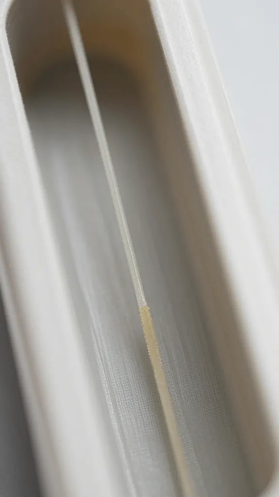 Fabric wick emerging from reservoir channel, macro shot