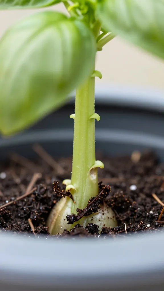 Basil stem base showing edema in self-watering pot