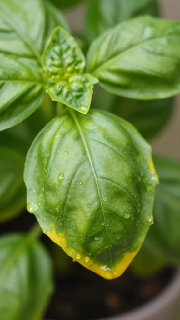 Yellowing basil leaf tip from overwatering, macro closeup