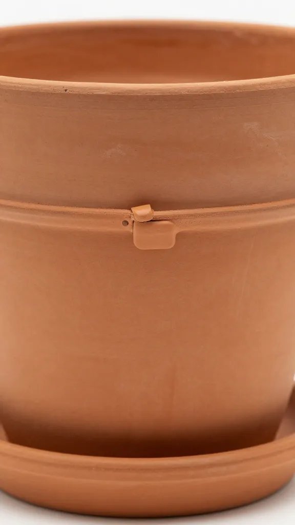 closeup terracotta pot with secured saucer clamp