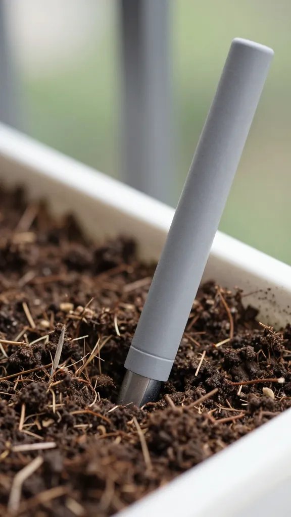 closeup moisture meter inserted in balcony planter soil
