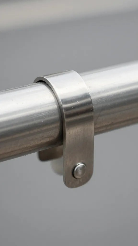closeup stainless steel pot strap anchored to railing